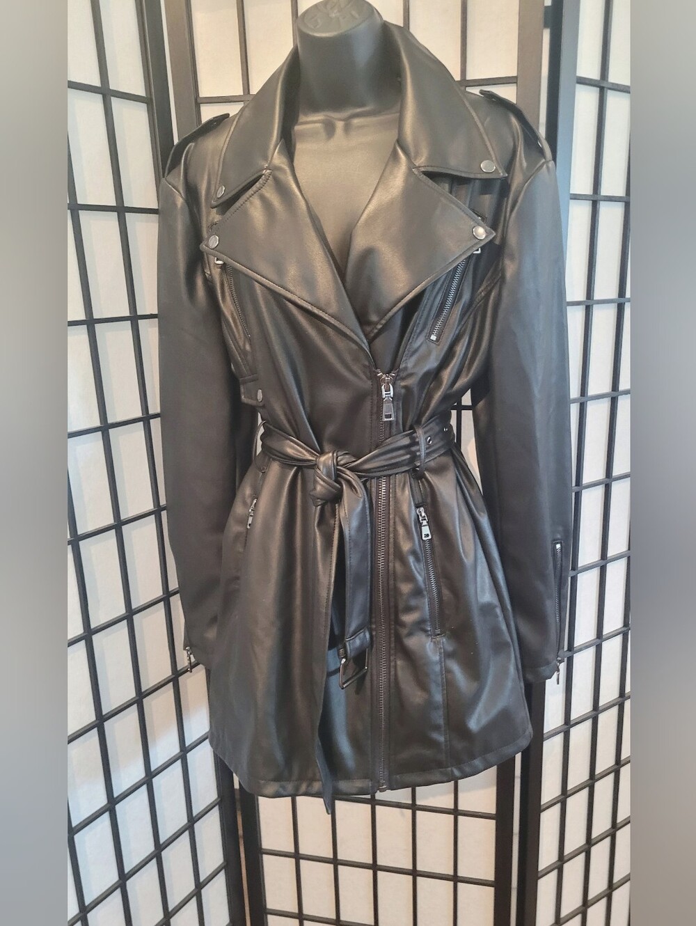 Forever 21 Black Faux-Leather Belted Moto Trench NWOT